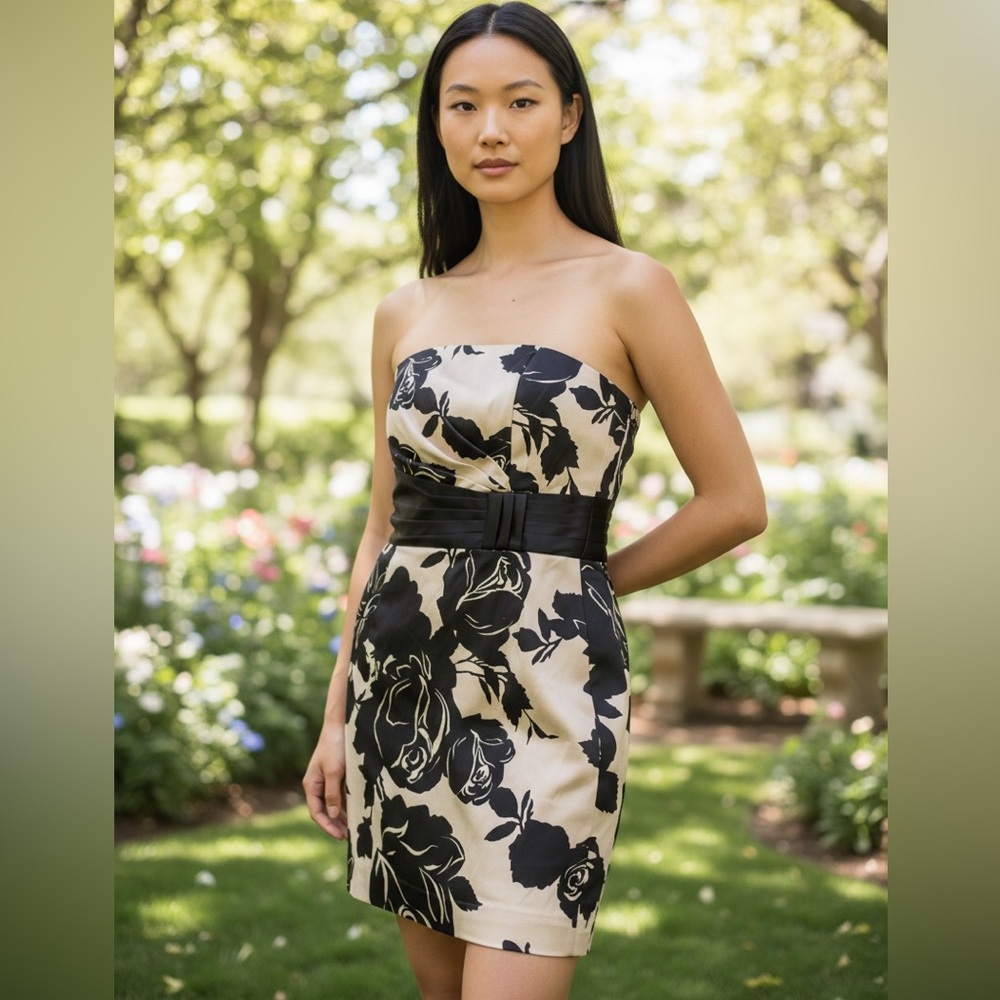 Strapless Formal Wedding Mini W/ Satin Finish Floral Black & Tan (Size 2)